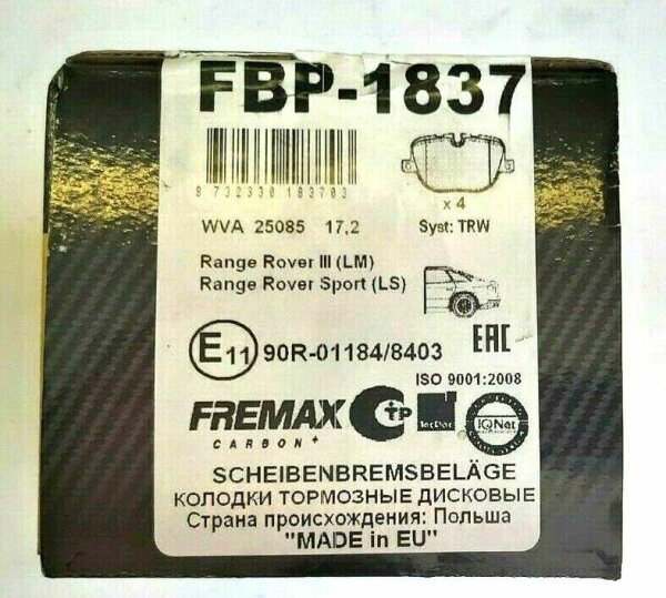 FREMAX FBP1837 Bremsbeläge RANGE ROVER III (L322), RANGE ROVER SPORT (L320) HINTEN